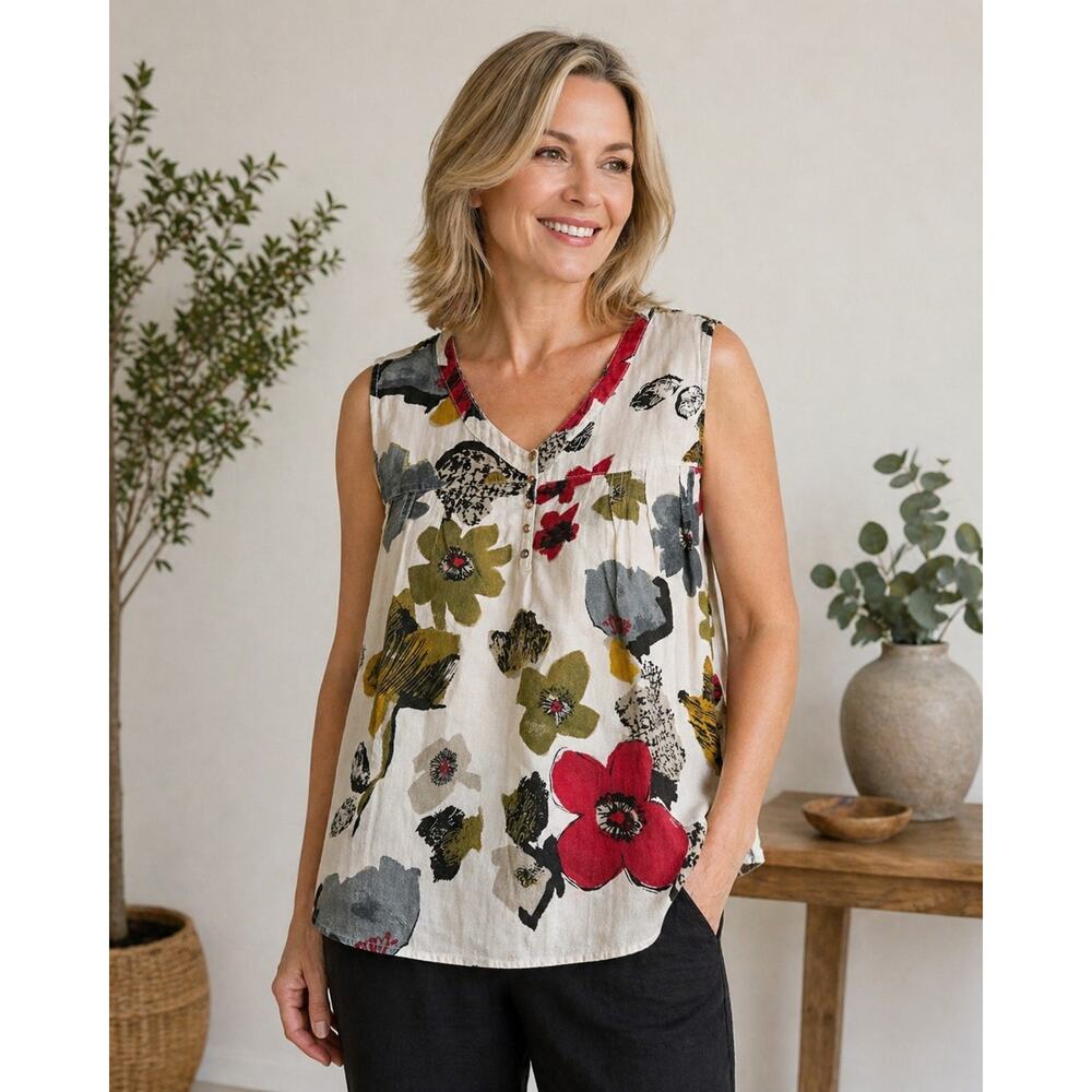 Color Me Cotton Bouse Shirt Tunic Buttons Casual Floral Sleeveless XXL Relaxed